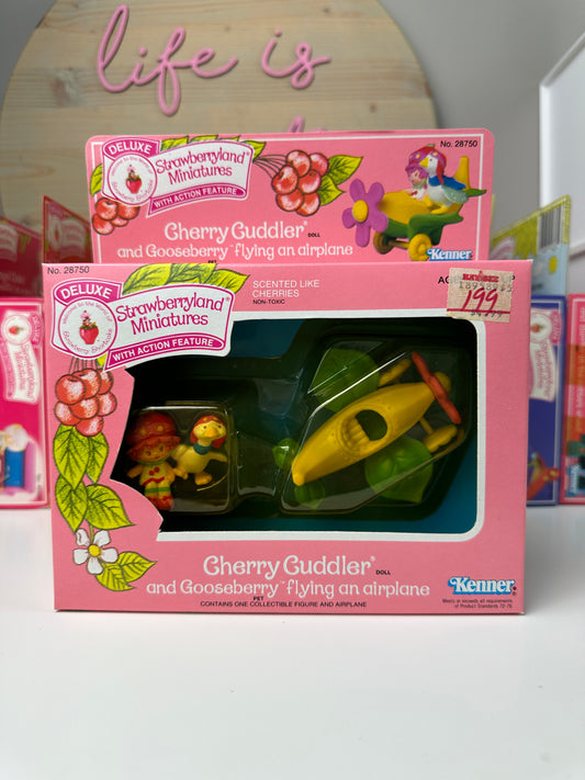 1984 Strawberry Shortcake Cherry Cuddler & Gooseberry Flyng an Airplane Deluxe Miniature NRFB - Factory Sealed Box